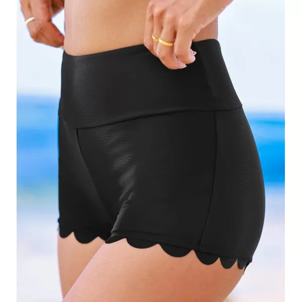 imageCUPSHE Womens Bikini Bottom High Waisted Scalloped Hem Swim Shorts Low Cut LegBlack