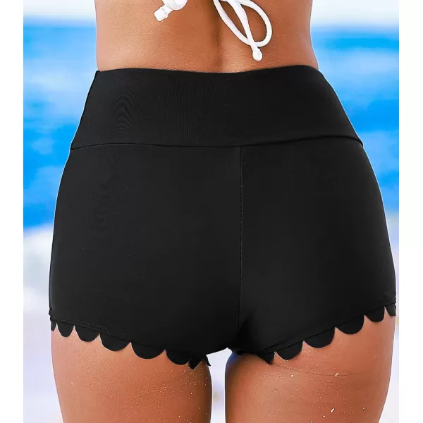 imageCUPSHE Womens Bikini Bottom High Waisted Scalloped Hem Swim Shorts Low Cut LegBlack
