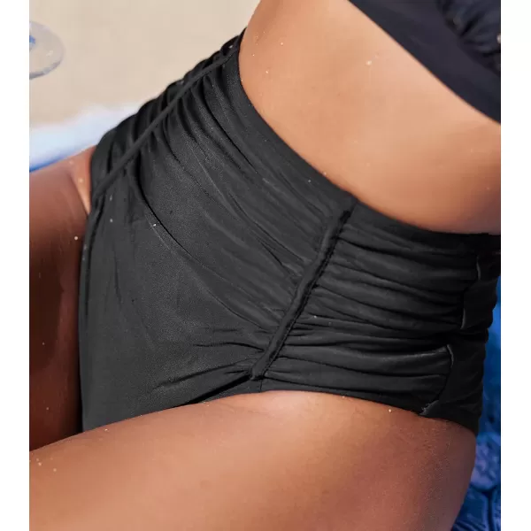 imageCUPSHE Womens Bikini Bottom High Waisted Tummy Control Ruched Cheeky High CutBlack