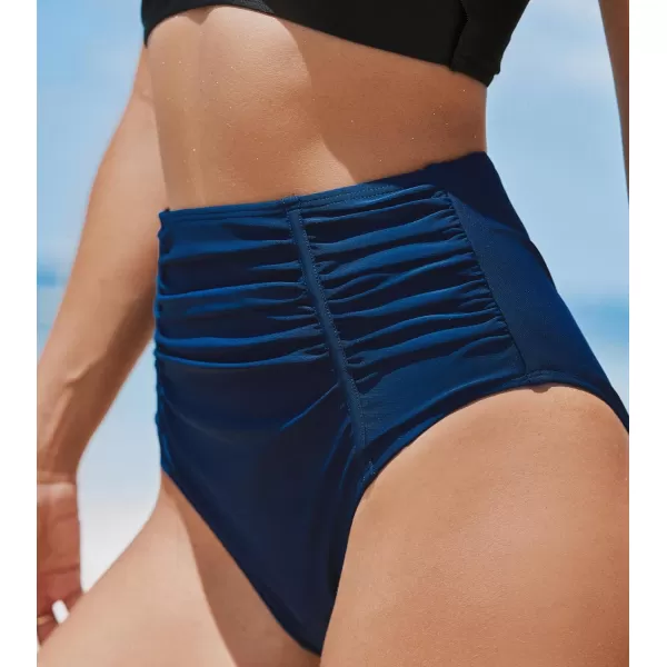 imageCUPSHE Womens Bikini Bottom High Waisted Tummy Control Ruched Cheeky High CutNavy Blue