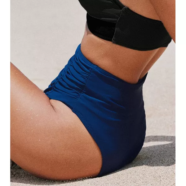 imageCUPSHE Womens Bikini Bottom High Waisted Tummy Control Ruched Cheeky High CutNavy Blue