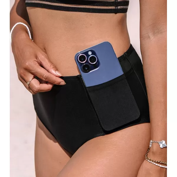 imageCUPSHE Womens Bikini Bottom High Wasited Tummy Control Swimsuit Full Coverage Retro Swim Bottom with PocketsXS4XLBlack