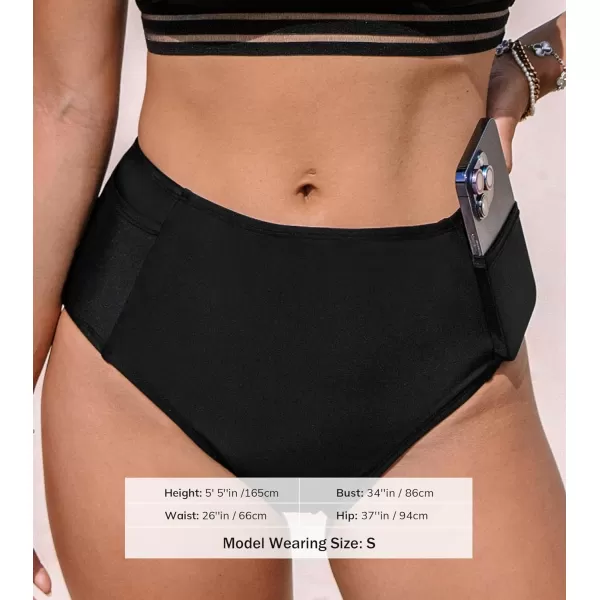 imageCUPSHE Womens Bikini Bottom High Wasited Tummy Control Swimsuit Full Coverage Retro Swim Bottom with PocketsXS4XLBlack