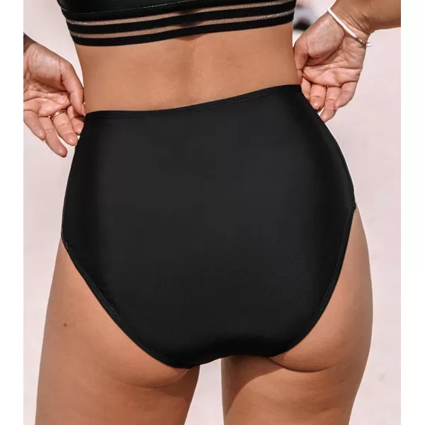 imageCUPSHE Womens Bikini Bottom High Wasited Tummy Control Swimsuit Full Coverage Retro Swim Bottom with PocketsXS4XLBlack