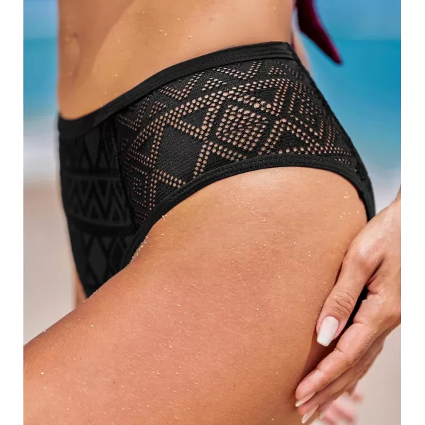 imageCUPSHE Womens Bikini Bottom Mid Rise Swimsuit Hollow Out Jacquard Texture Swimwear No TopBlack