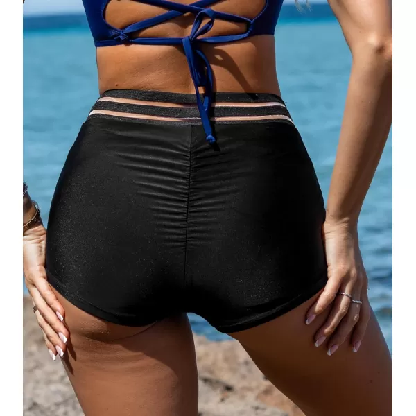imageCUPSHE Womens Bikini Bottom Swim Shorts High Waisted Cut Out Ruching Bathing SuitBlack