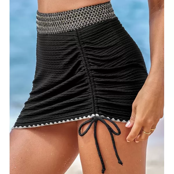 imageCUPSHE Womens Bikini Bottom Swim Skirt High Waisted Tummy Control Ruched Texture Adjustable DrawstringBlack