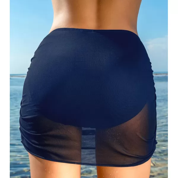 imageCUPSHE Womens Bikini Bottom Swim Skirt Mesh Mid Rise Full Coverage Ruched Bathing SuitNavy Blue
