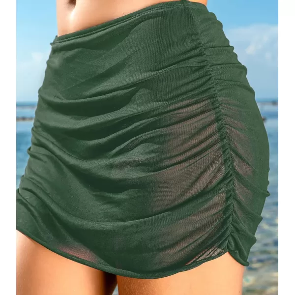 imageCUPSHE Womens Bikini Bottom Swim Skirt Mesh Mid Rise Full Coverage Ruched Bathing SuitTimber Green