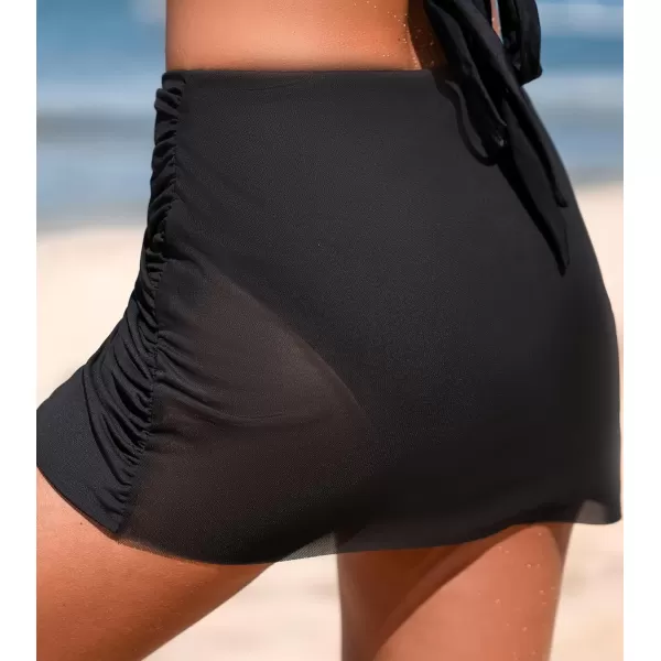 imageCUPSHE Womens Bikini Bottom Swim Skirt Mid Rise Ruched Mesh Wrap Bathing SuitBlack