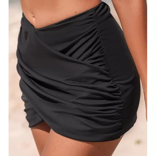 imageCUPSHE Womens Bikini Bottom Swim Skirt Mid Rise Ruched Mesh Wrap Bathing SuitBlack