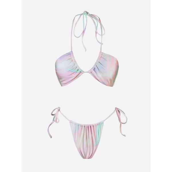 imageCUPSHE Womens Bikini Set Halter Drawstring Self Tie ThongRainbow Ombre