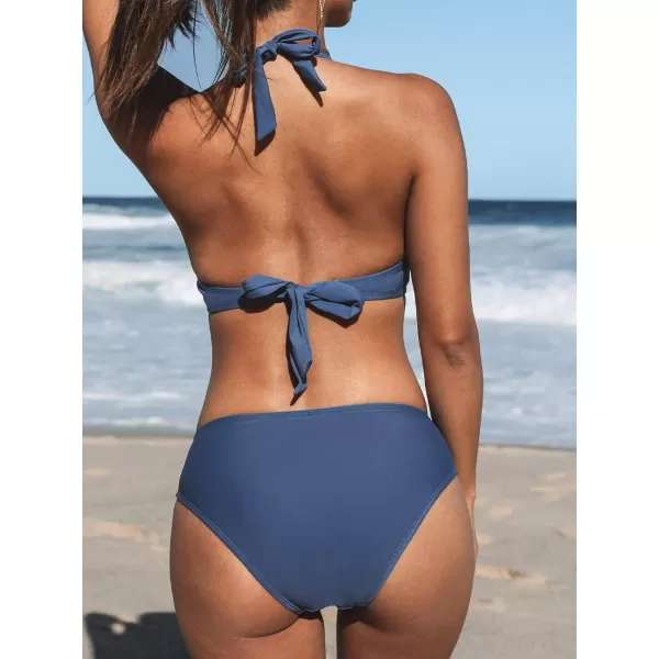 imageCUPSHE Womens Bikini Set Halter Ruched Tie Back Mid RiseBlue