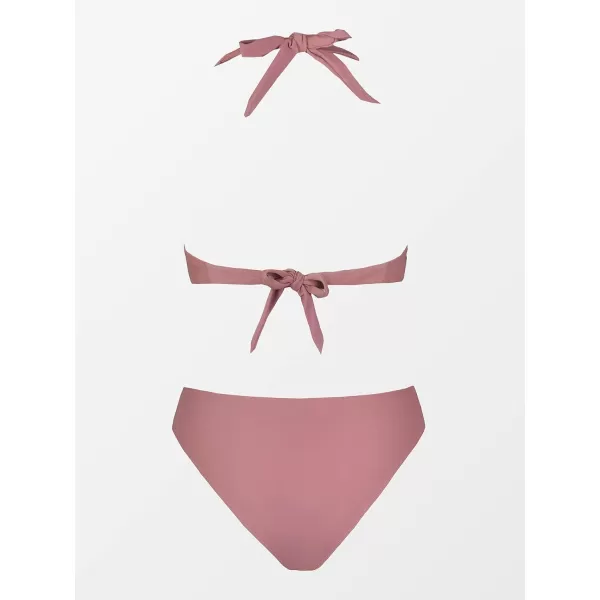 imageCUPSHE Womens Bikini Set Halter Ruched Tie Back Mid RiseRosewood