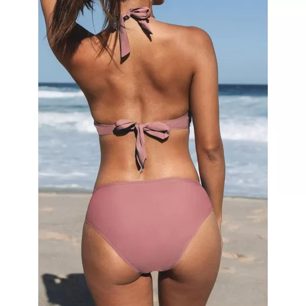 imageCUPSHE Womens Bikini Set Halter Ruched Tie Back Mid RiseRosewood