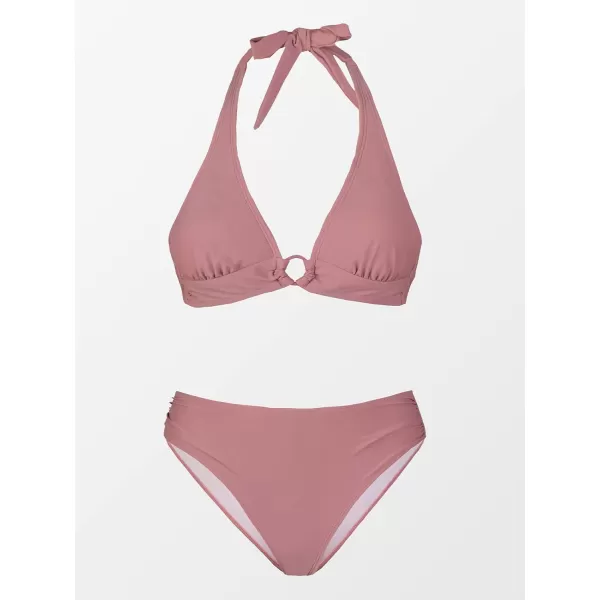imageCUPSHE Womens Bikini Set Halter Ruched Tie Back Mid RiseRosewood