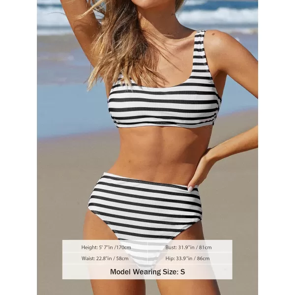 imageCUPSHE Womens Bikini Set High Waisted Two Piece Swimsuit Scoop Neck Wide Straps Striped SwimwearBlack and White Horizontal Stripes