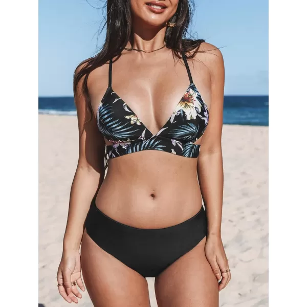 imageCUPSHE Womens Bikini Set Tie Back Reversible Bottom FloralBlack