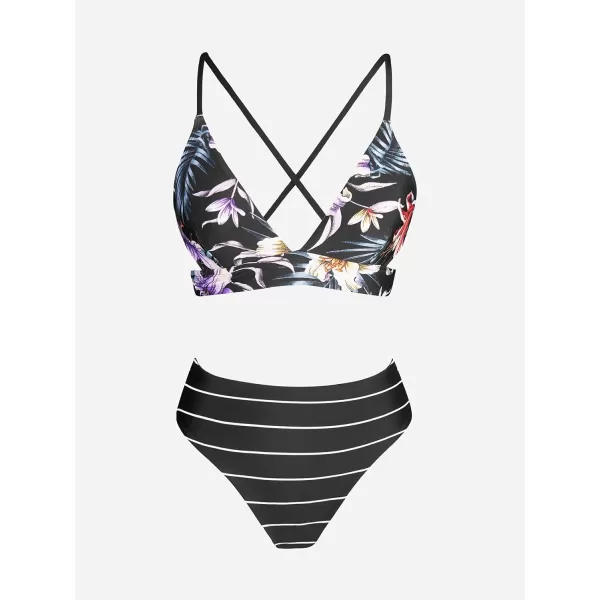 imageCUPSHE Womens Bikini Set Tie Back Reversible Bottom FloralBlack