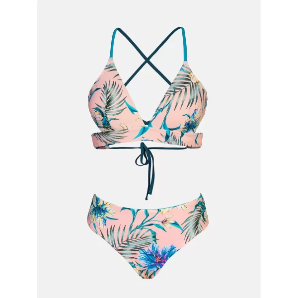 imageCUPSHE Womens Bikini Set Tie Back Reversible Bottom FloralPink amp Teal Floral