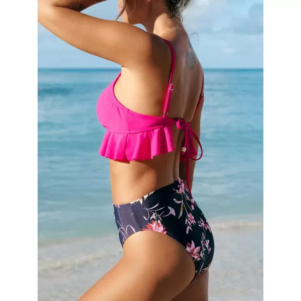 imageCUPSHE Womens Bikini Set Two Piece High Waisted Swimsuits Ruffled Swimwear Back Self Tie Tankini SetMagenta Floral