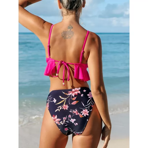 imageCUPSHE Womens Bikini Set Two Piece High Waisted Swimsuits Ruffled Swimwear Back Self Tie Tankini SetMagenta Floral