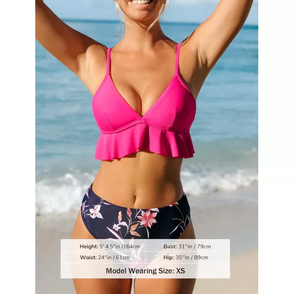 imageCUPSHE Womens Bikini Set Two Piece High Waisted Swimsuits Ruffled Swimwear Back Self Tie Tankini SetMagenta Floral