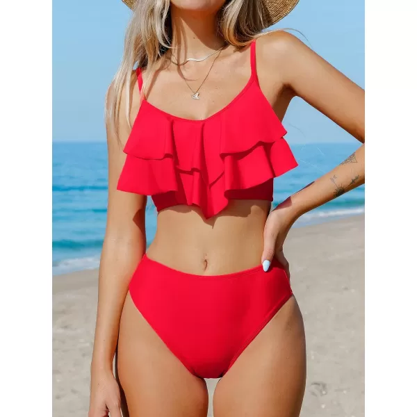 imageCUPSHE Womens Bikini Set Two Piece High Waisted Swimsuits Tiered Ruffled SwimwearRed