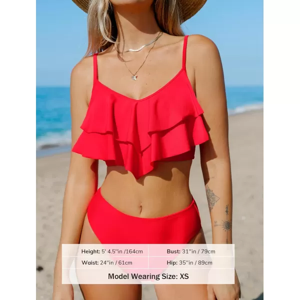 imageCUPSHE Womens Bikini Set Two Piece High Waisted Swimsuits Tiered Ruffled SwimwearRed