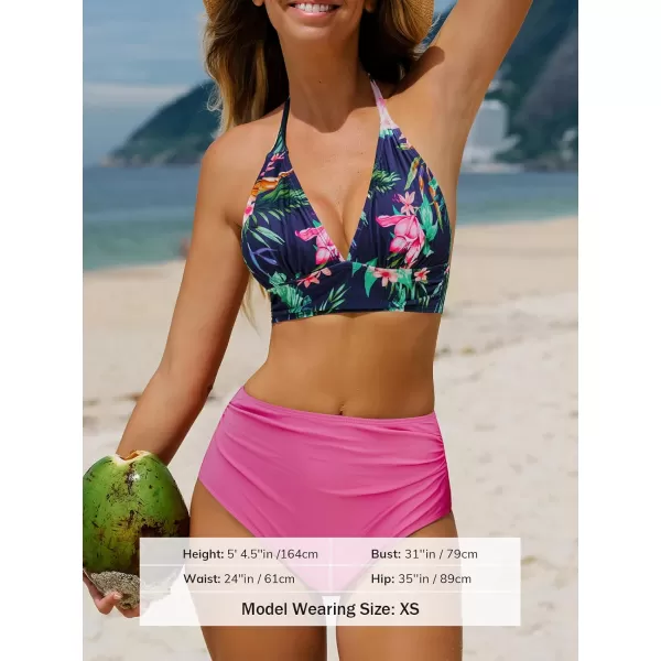 imageCUPSHE Womens Bikini Set Two Piece High Waisted V Neck Halter Ruched Back Self Tie Bathing SuitsNavy BluePink