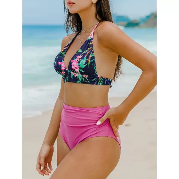 imageCUPSHE Womens Bikini Set Two Piece High Waisted V Neck Halter Ruched Back Self Tie Bathing SuitsNavy BluePink