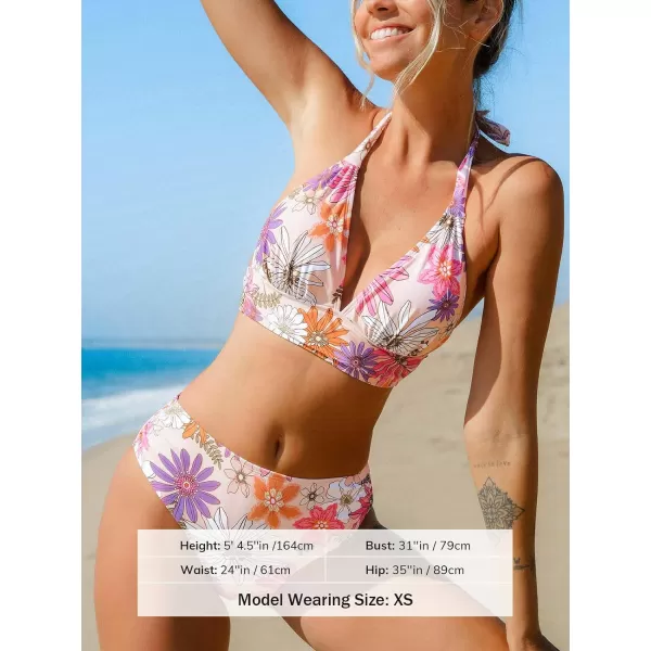 imageCUPSHE Womens Bikini Set Two Piece High Waisted V Neck Halter Ruched Back Self Tie Bathing SuitsPink Floral