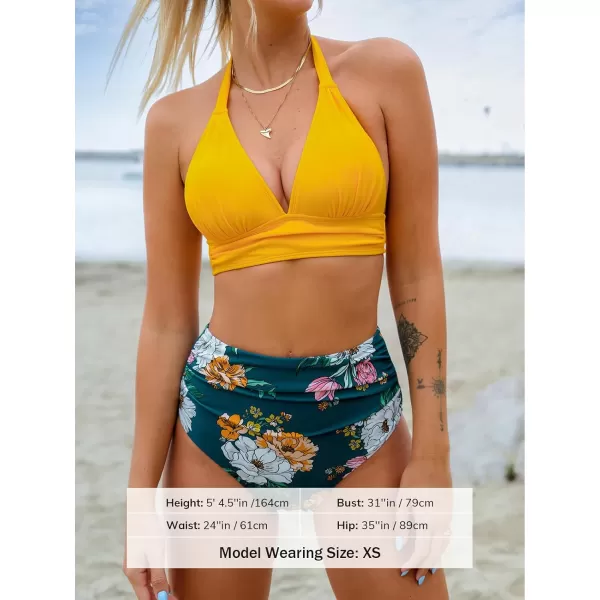 imageCUPSHE Womens Bikini Set Two Piece High Waisted V Neck Halter Ruched Back Self Tie Bathing SuitsYellowGreen Floral