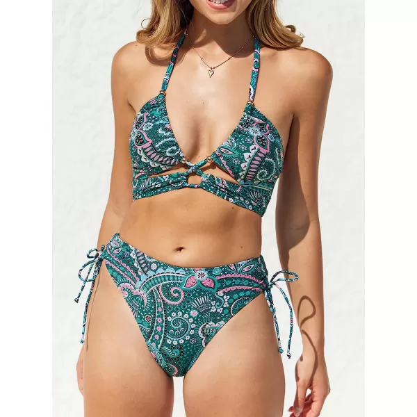 imageCUPSHE Womens Bikini Set Two Piece Swimsuit Halter Cutout Ruched Self Tie High Waisted Cheeky Bottom PaisleyTeal Paisley