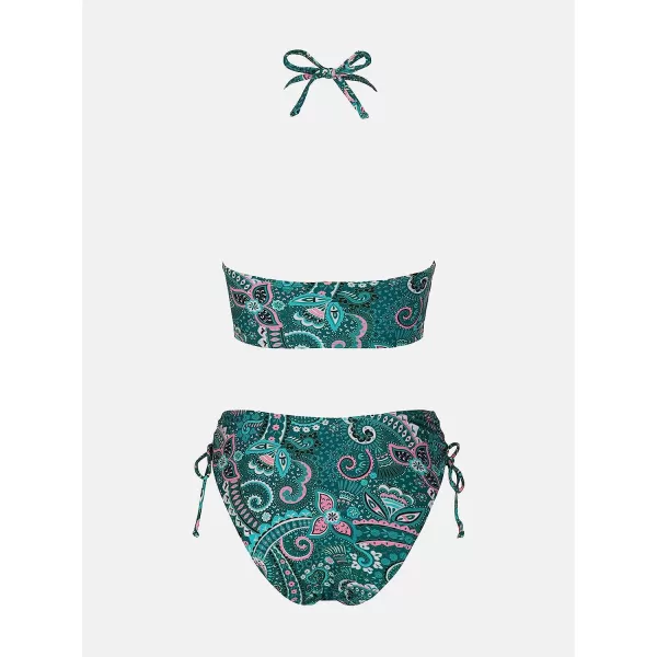 imageCUPSHE Womens Bikini Set Two Piece Swimsuit Halter Cutout Ruched Self Tie High Waisted Cheeky Bottom PaisleyTeal Paisley