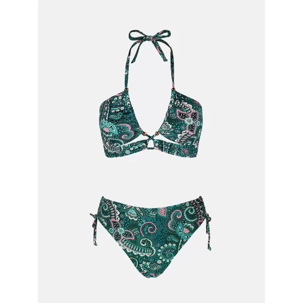 imageCUPSHE Womens Bikini Set Two Piece Swimsuit Halter Cutout Ruched Self Tie High Waisted Cheeky Bottom PaisleyTeal Paisley