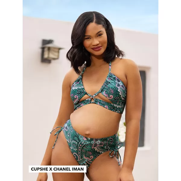 imageCUPSHE Womens Bikini Set Two Piece Swimsuit Halter Cutout Ruched Self Tie High Waisted Cheeky Bottom PaisleyTeal Paisley