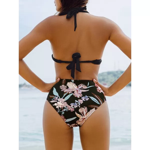 imageCUPSHE Womens Bikini Set Two Piece Swimsuit Halter Triangle Top Back Tie Floral Shirred High Waisted BottomBlack and Floral