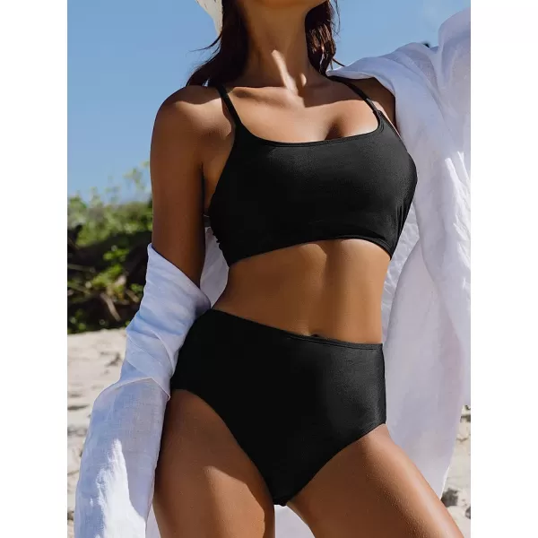 imageCUPSHE Womens Bikini Set Two Piece Swimsuit High Waist Scoop Neck Adjustable cami Straps Bathing SuitBlack