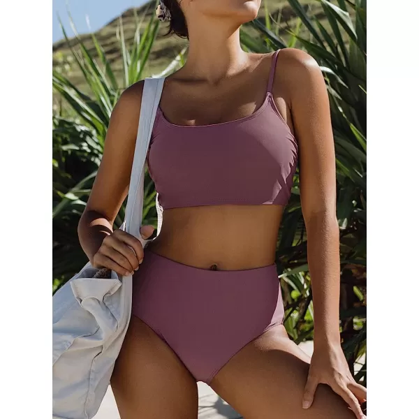imageCUPSHE Womens Bikini Set Two Piece Swimsuit High Waist Scoop Neck Adjustable cami Straps Bathing SuitGrape Purple