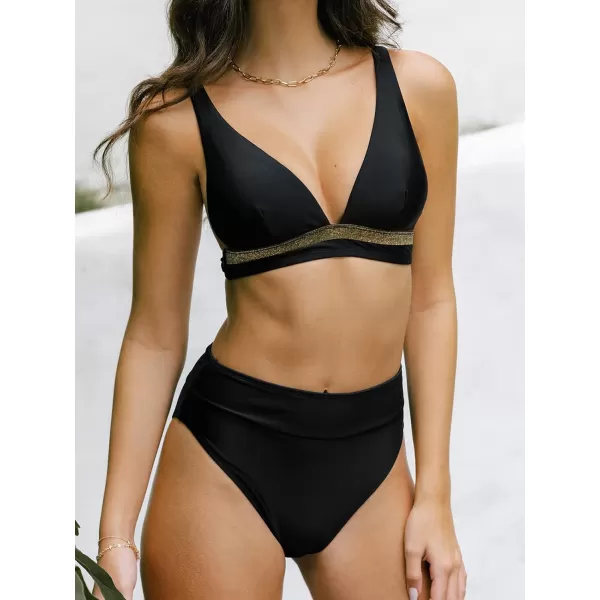 imageCUPSHE Womens Bikini Set Two Piece Swimsuit High Waisted Plunge V Neck Lurex Trim Back Hook SwimwearBlack