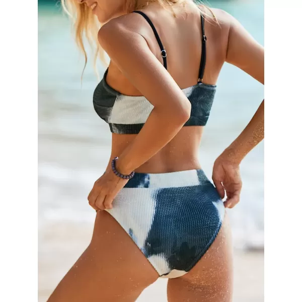 imageCUPSHE Womens Bikini Set Two Piece Swimsuit High Waisted Scoop Neck Knit Tie Dye SwimwearBlack Tiedye