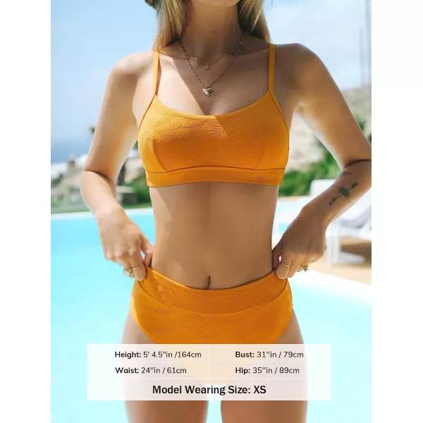 imageCUPSHE Womens Bikini Set Two Piece Swimsuit High Waisted Scoop Neck Swimwear Jacquard TextureYellow