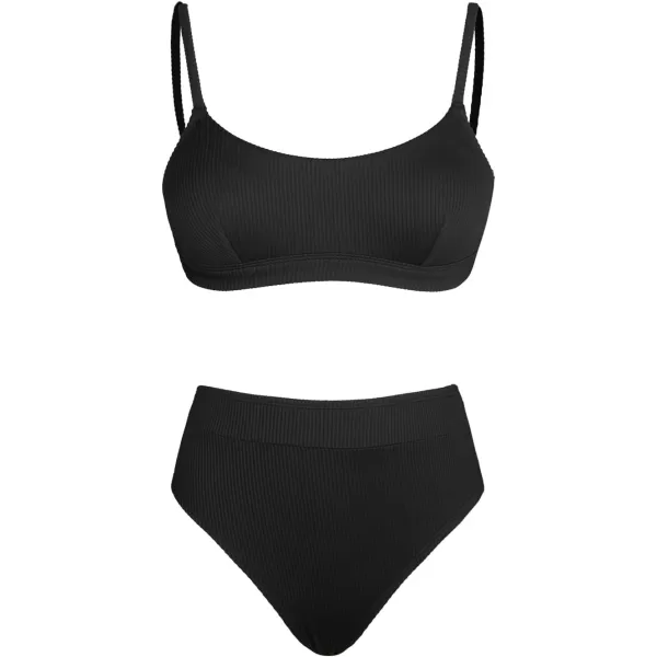 imageCUPSHE Womens Bikini Set Two Piece Swimsuit High Waisted Scoop Neck SwimwearBlack