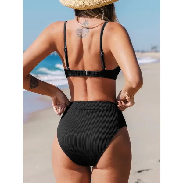 imageCUPSHE Womens Bikini Set Two Piece Swimsuit High Waisted Scoop Neck SwimwearBlack