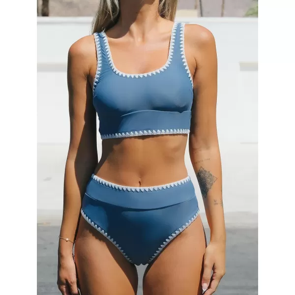 imageCUPSHE Womens Bikini Set Two Piece Swimsuit High Waisted Scoop Neck Wide Straps Shell Stitched TrimBlue