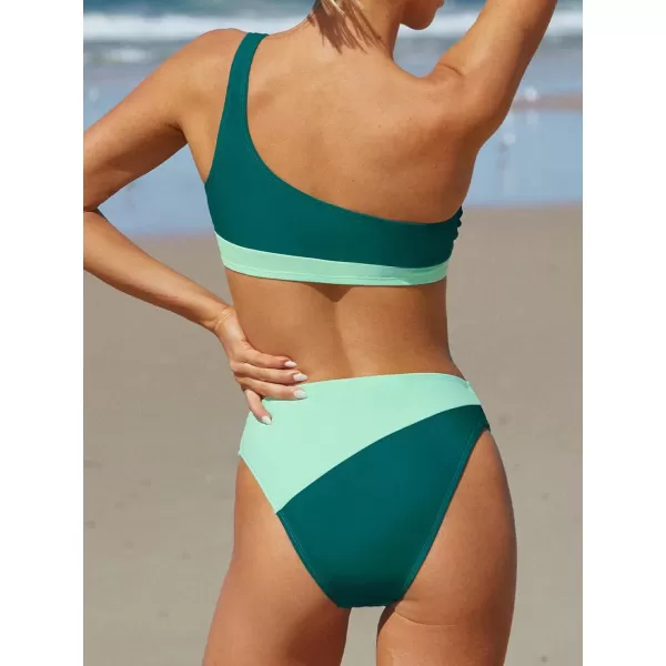 imageCUPSHE Womens Bikini Set Two Piece Swimsuit One Shoulder Color Block VCut Mid Rise SwimwearGreen