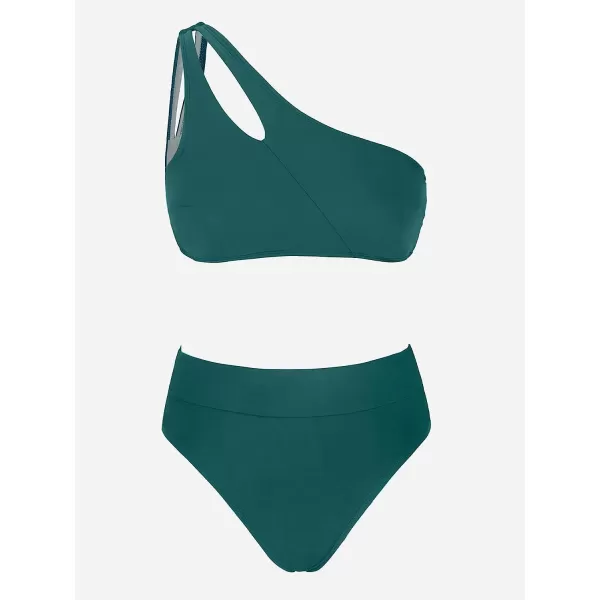 imageCUPSHE Womens Bikini Set Two Piece Swimsuit One Shoulder Cutout Swimwear Banded High Waisted BottomGreen