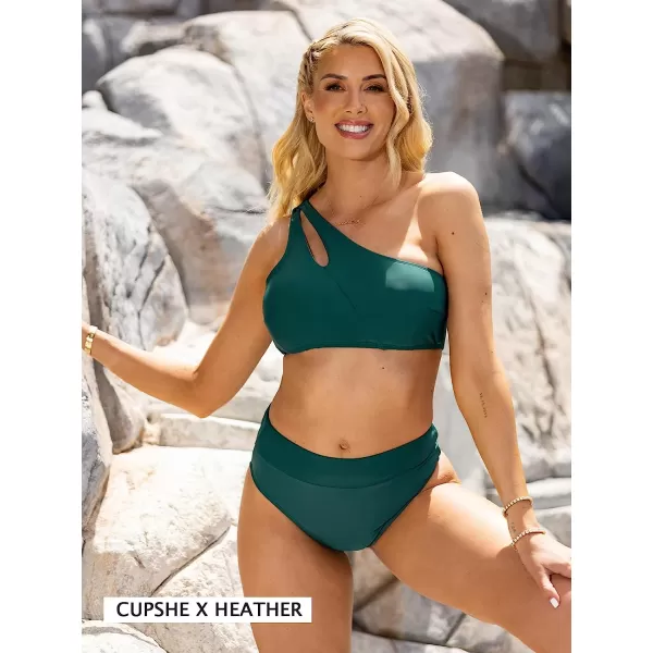imageCUPSHE Womens Bikini Set Two Piece Swimsuit One Shoulder Cutout Swimwear Banded High Waisted BottomGreen