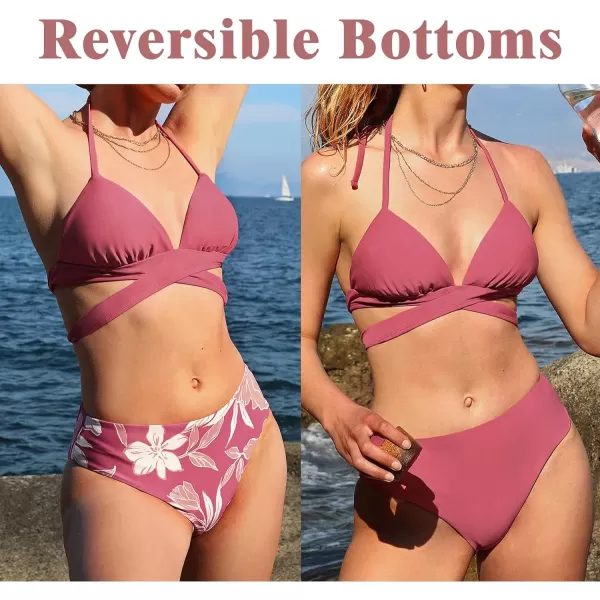 imageCUPSHE Womens Bikini Set Two Piece Swimsuit Reversible Bottoms Triangle Halter Wrap Back Tie SwimwearPink and Floral